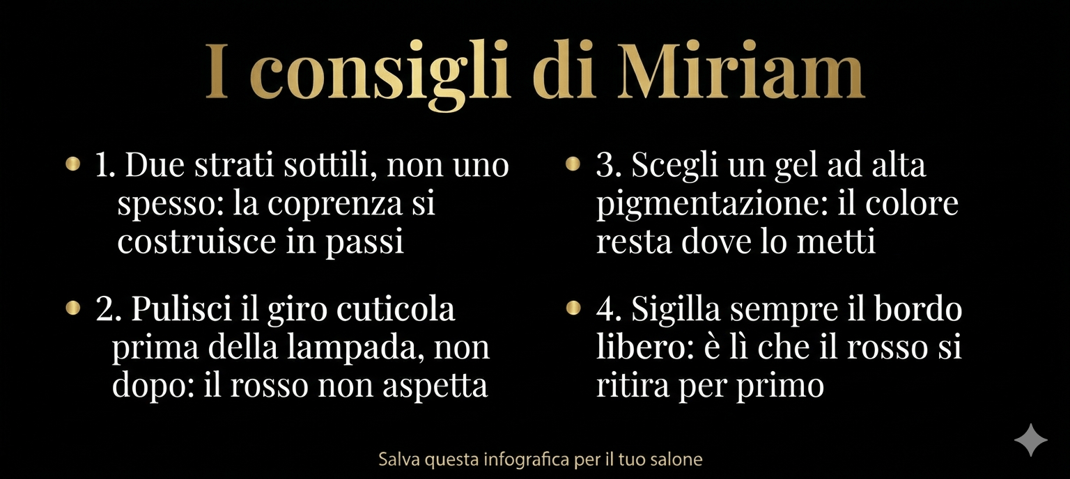 infografica consigli di Miriam per applicare il gel rosso senza striature, guida tecnica per onicotecniche